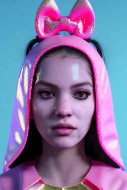 Ultra Realistic image, Rosalía artist, portrait, normal complexion, portrait, two bows, little chopsticks hair , black eye long line, sweet face, t-shirt with holes, inflatable open coat, gold pink and blue style, spray line glow, big geometric led jewelry, fog, hot, inflatable style latex coat, vibrant color, highly detailed, art stations, concept art, smooth, unreal engine 5, god rays, ray tracing, RTX, lumen lighting, ultra detail, volumetric lighting, 3d, finely drawn, high definitio