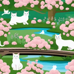 in the center: beautiful chunky cats dancing on a bridge , background: landscape, first plan: pink flowers and a small river with blue water, sky: white clouds with more cats sitting on them