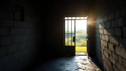 Interior of a dark dismal prison cell, looking out through an open cell door into gardens and distant hills in bright sunshine and freedom. Exquisite composition, beautiful detailed intricate detailed octane render, 8k artistic photography, photorealistic, perfect light, award-winning photograph, masterpiece