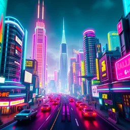 Retro futuristic cityscape with glowing neon lights, towering chrome buildings, flying cars, vivid pastel colors, 1980s-inspired digital art, wide angle shot, vibrant color palette, vaporwave style, retro technology details, bokeh effect background, 16:10 aspect ratio