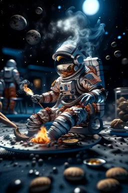 astronaut with burning feet and a moon helmet gets epilepsy while grilling hot dogs and starts to foam like a rock star portrait, photo-realistic, shot on Hasselblad h6d-400c, zeiss prime lens, bokeh like f/0.8, tilt-shift lens 8k, high detail, smooth render, down-light, unreal engine 5, cinema 4d, HDR, dust effect,, smoke