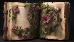 ancient spellbook, cover made from flowers, vines, tattered, loose pages