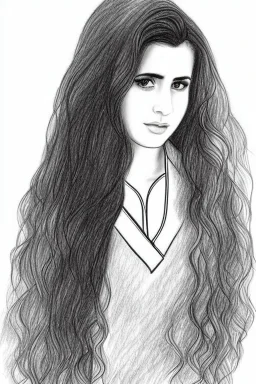 Pencil sketch of Young woman , nurse , Arab features,sad, long wavy hair, full body، on lined paper