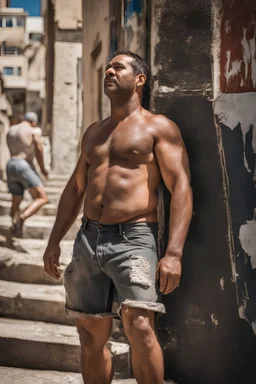 close up photography of an ugly 40 year old stocky robust burly marocan, wearing ripped work shorts, shirtless, leaning with his back on the wall, crossing arms, dirty, sweat, wet, ajar mouth, hairy chest, , very virile, short beard, shaved hair,, , in a sunny street, photorealistic , frontal view from the ground, view angle from bottom