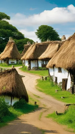 village with small thatched roofed houses along pathway