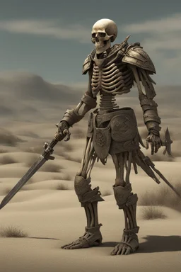 photorealistic Ancient skeleton psi-warrior knight wandering the wasteland