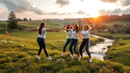 a group of young ladies in sports pants and blouse are dancing to camera in village over high grassy hills,a small fall and river and wild flowers at river sides, trees houses ,cloudy sun set sky