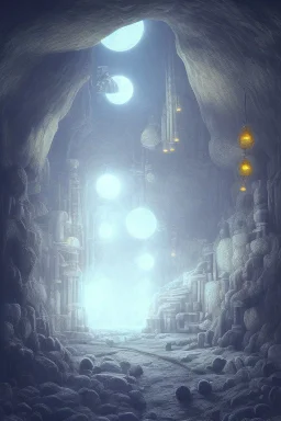 abstract, Moon like lamp in a dwarven mine underground, dungeon