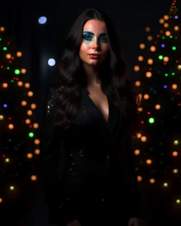 full body portrait of beautiful italian woman with long dark hair in black lace jacket, sparkles, pretty eyes, nice face, perfect body, perfect legs, next to shiny Christmas tree, amazing beauty Unreal Engine, hyperdetailed