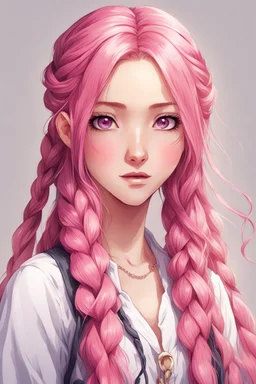 beautiful young woman with long pink hair in one braid anime