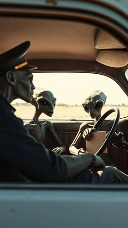aliens sitting inside an old car and a policeman asking them for driving licenses