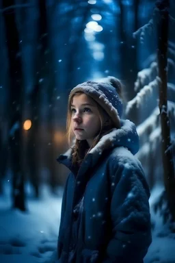 Night, forest, snow, blizzard, young girl
