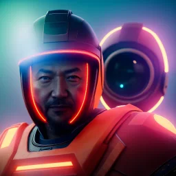 portrait, eternal samurai fusion space suit, floating in space, sun burning bright in background, neon light, 8k, 3d, blender