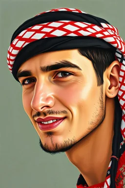 A young Palestinian man, thirty years old, wearing a keffiyeh, has a beautiful face, turns his face to the right, has a slight smile, his mouth is closed, his teeth are not visible, his eyes are looking to the left, he appears to be drawn with oil paints