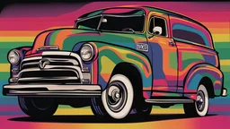 A psychedelic graphic design with a 1952 GMC suburban. Use the design style of RVCA clothing brand. ((Black background)), vector style, for T-shirt printing., Mysterious