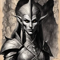 1970's dark fantasy book cover paper art dungeons and dragons style drawing of a dark elf from the game Everquest