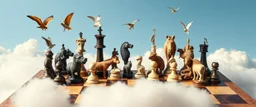 chess board full of animals instead of pieces, clouds under board