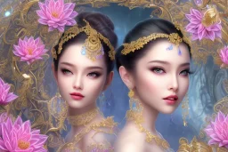 only one pretty asiatique girl dénudée just before a magical crystal flower lotus magnolia lys bougainvillier, blue gold house indian palace castle in the woods, magnolias pink,blue lake,sun,white swanns,pink vertical, blue lake,sharp, vines, candlelit, endor, ornate, elegant, highly detailed, artstation, concept art, smooth, sharp focus, illustration, 8k, splash art, wallpaper, key visual