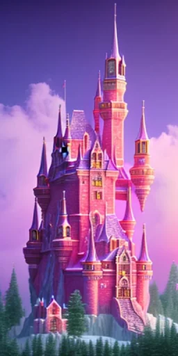 Ice cube shaped castle. pink houses, pink sky, pink smoke, trees, outdoors. street.