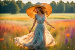 A young woman, elegantly adorned in a large summer hat and a flowing dress that matches the vibrant hues of the surrounding meadow, stands confidently in the center of a vast field. Her eyes are closed, a gentle smile playing on her lips as she feels the warm embrace of the sunshine and the tender kiss of a soft summer breeze. The meadow is a canvas of harmony, painted with a dazzling array of wildflowers that dance and sway in the little wind. The blue sky