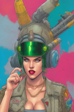 Digital illustration of comic book style cartooned Tank girl giving the middle finger, giant green military tank behind her, color pencils, ink, counter culture, dystopian, retro futuris. 90s riot girl look, punk aesthetics, collage, psychedelic, grime, textured, mixed media with a british pop culture influence, maximalism, feminist icon,