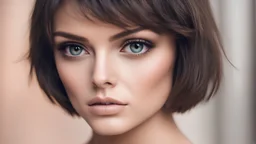 Beautiful brunette model with short hair, with beautiful eyes, very close-up of the eyes