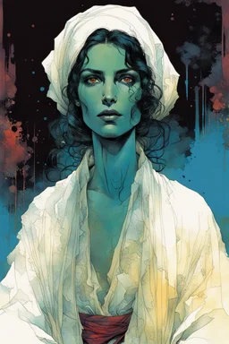 create an imaginative drawing of the pale translucent ghost of an ancient Romanian female gypsy fortuneteller, clothed in tattered and ragged traditional dress, with finely detailed hair and feminine facial features, in the comic book art style of Bill Sienkiewicz, Mike Mignola, and Jean Giraud Moebius, finely textured, drawn, colored, and inked, suffused with dark foreboding shadows