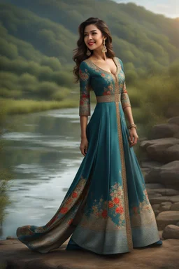 full shot body photo of the most beautiful artwork in the world featuring model, happy mood, High Detail, Sharp focus, dramatic, photo realistic, ultra sharp, ultra hd, hyper realistic, ultra realistic, ((((dress)))), trending on artstation, sharp focus, studio photo, intricate details, highly detailed, standing in nice pose in country side with river ,water fall ,rocky vally