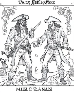 Pirates of the Caribbean: Dueling Pirates Coloring Challenge: Create an action-packed coloring page inspired by the Pirates of the Caribbean movie, featuring a dramatic scene with two pirates engaged in a thrilling sword duel. Capture the intensity of the battle with dynamic poses and expressions, providing ample space for young artists to color the characters and their surroundings in black and white. This coloring challenge invites kids to infuse their creativity into the high-stakes world of