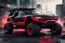 a super futuristic car, for all terrain, pickup fashion, black and red colors, big wheels, CHEVROLET INSPIRED, stay on street full of zombies