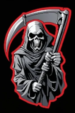 Grim-Reaper gripping scythe, vignette, black and white graphic novel style with a red outline, and black background, biker style