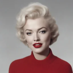 marilyn monroe, a bun, in a red sweater, v collar,, white background