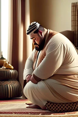 close up photography of a Burly arab 26 year old stocky short chubby man on his knees, short beard, dressed in an brown economic traditional caftan with pants and sandals, photorealistic, ambient occlusion, in a simple living room, ambient occlusion, side view from the bottom