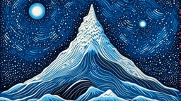 A white and light pale blue snowy peak in the starry night sky designed in ancient Egyptian pottery painted by MC Escher