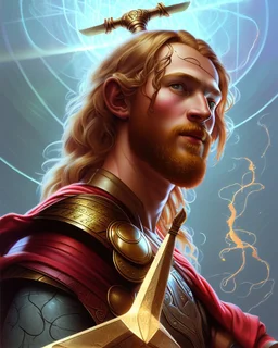 Portrait of young God Thor holding a Strong hammer Powerful Staff by Alex Ross, Disney, CGSociety, Carne Griffiths, Leonardo DaVinci, James Christensen character design, digital illustration, detailed sky background, Norman Rockwell, 32k resolution, Lou Xaz, cinema 4d