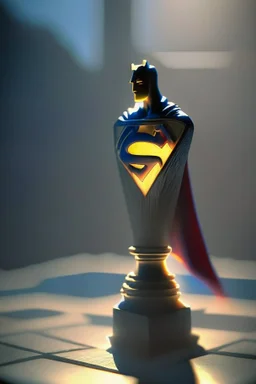 superman chess piece buildt of by yellow stones misty trending, depth of field, backlit, in hexagon valley