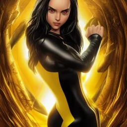 ultra detailed fullbody portrait of beautiful busty X-23, wearing skintight yellow and Black costume, extremely detailed digital painting, intrincate, extremely detailed smiling face,crystal clear Big Green eyes, in the style of clyde caldwell , mystical colors , perfectly centered image, perfect composition, rim light, beautiful lighting,8k, stunning scene, raytracing