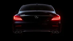 Full view of the rear view of a black Mercedes-Benz CLS 550 with bright neon lights on a black background