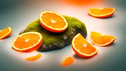 A vibrant, photorealistic image on Unsplash showcases a wet rock with half an orange covered with moss.. The orange slices, illuminated by neon backlighting, reveal a vivid range of light orange and red-orange hues, set against an orange background, emphasizing the stunning subsurface scattering of the fruit. The image showcases naturalism with an organic 8k artistic photography style. The background emphasizes the orange body