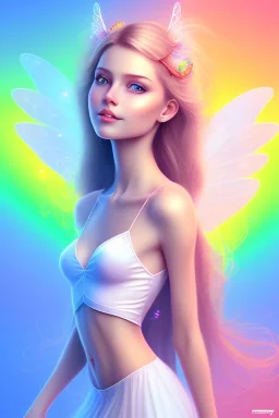 smiling girl, cute, beautiful, long hair, rainbows, fairy wings, light pastel colors, bright