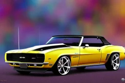 pen and color marker, true-to-life 1969 chevrolet camaro convertible pro street, two-tone paintjob, centered, intricate, extreme detailed, photorealism, center view, stylized random background, pivot on camaro, painting by cheryl kelley