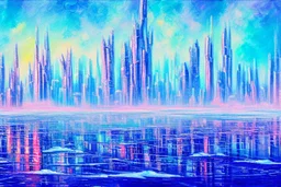 Futuristic city, frozen lake, impressionism painting