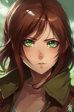 Attack on Titan a girl with square green eyes and brown hair