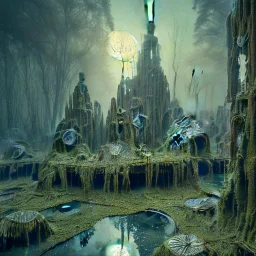 detailed creepy landscape made of cake-frosting, swamp, sun, Amano , Roger Dean, strong texture, Ernst Haekel, extreme detail, intricate, colours, Max Ernst, Sam Raimi, rich moody colors, sparkles, blue eyes, octane render, 55mm photography, 8k, sharp focus, volumetric light, ZBrush, volumetric light, dog-teeth