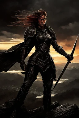 A formidable warrior girl in black armor, on the background Amazing gloomy landscape, flooded with sunset, mountains, trees, fabulous scary hero, , juicy emotions, painting, dark fantasy, bad weather, gloomy day, dark world, by James Paick