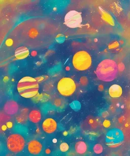 colorful planets. ink, poster, acrylic