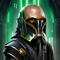 star wars bald male corellian jedi pilot wearing gunmetal grey and black old republic armored robes with gold trim inside the jedi temple holding a lightsaber with viridian green blade in left hand, centered head and shoulders portrait, hyperdetailed, dynamic lighting, hyperdetailed background, 8k resolution, volumetric lighting, light skin, fully symmetric details