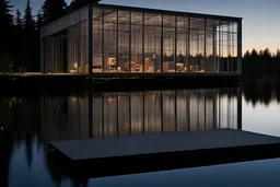 Ethereal glass structure, repurposed warehouse, offices and art studios, at twilight, high contrast, suspended over a serene body of water in Oregon, showcasing the innovative architectural style of Renzo Piano, captured by Hiroshi Sugimoto, professional architecture plan --ar 16:9