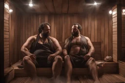 full body shot photography, two muscular chubby ugly burly marocan men , sweat, bulge, masculine hairy 43 year old man, curly hair, manly chest, curly beard ,big shoulders, big arms, big legs, bulge,, ambient occlusion , lying down sleeping in a steamy Sauna, super high resolution, 8k, dim light, side light, ultra hyper realistic, frontal view