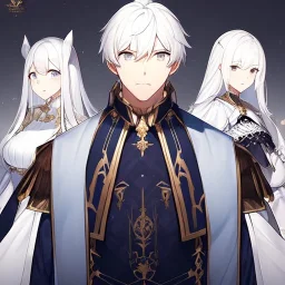 Twins, boy and girl, white hair, silver eyes, royal hall background